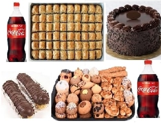 Dolu Dolu Tatlı Sepeti 1 kg Baklava Pasta Ekler Kuru Pasta ve Kola Kıbrıs pasta